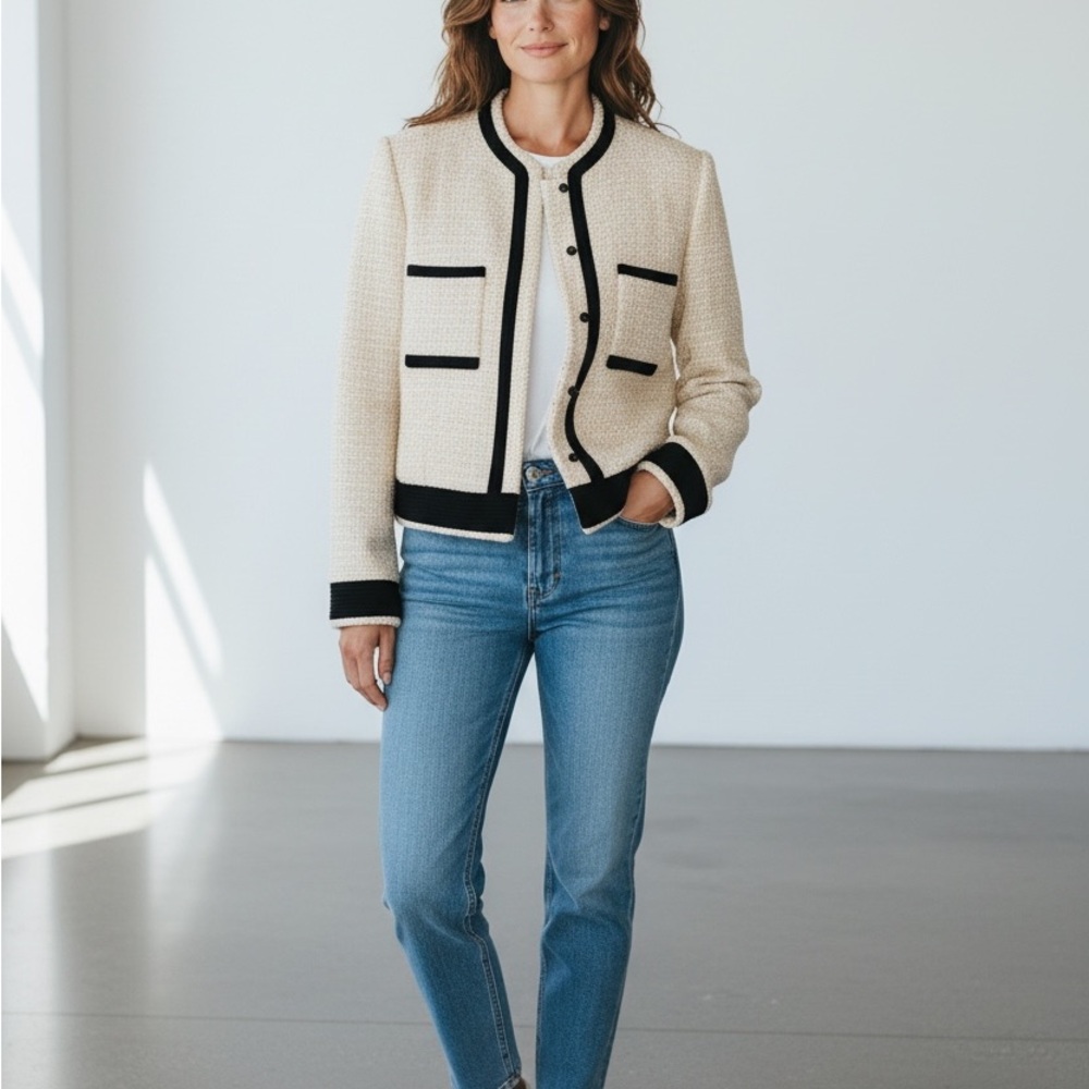 Korean Cropped Cream Bouclé Blazer with Black Trim Wool Mojo S Phine